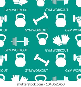 Seamless pattern with dumbbells, gloves, arm with dumbbells. Sports background. Weightlifting equipment.