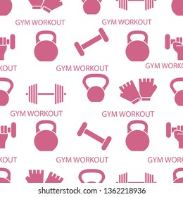 Seamless pattern with dumbbells, gloves, arm with dumbbells. Sports background. Weightlifting equipment.