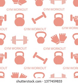 Seamless pattern with dumbbells, gloves, arm with dumbbells. Sports background. Weightlifting equipment.
