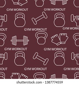 Seamless pattern with dumbbells, gloves, hand with dumbbells. Sports background. Weightlifting equipment.