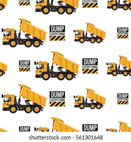 Seamless pattern with dumper truck and dump everything inscription. Inspired by road, building machinery. Vector background for decoration children's room, invitations, website, mobile app.