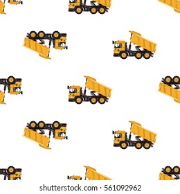 Seamless pattern with dumper truck. Inspired by road, building machinery. Vector background for decoration children's room, invitations, website, mobile app.