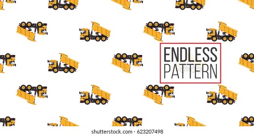 Seamless pattern with dumper truck. Inspired by variety of road, building machinery. Vector background for decoration for children's room, invitations, website, mobile app.