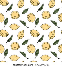 Seamless pattern with dumplings and dried bay leaves on white background. Pelmeni/pierogi wallpaper. Traditional russian cuisine dish.