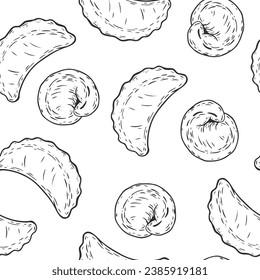 Seamless pattern with dumplings in hand drawn monochrome style. Kitchen background for wallpaper, branding, textile. Sketch vector illustration.