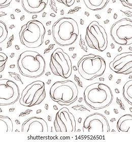 Seamless pattern of dumplings with spice. Ravioli. Vareniki. Pelmeni. Food. Cooking. National dishes. Products from the dough and meat. Sketch hand drawn background. For restaurant menu.