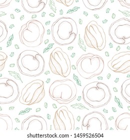 Seamless pattern of dumplings with spice. Ravioli. Vareniki. Pelmeni. Food. Cooking. National dishes. Products from the dough and meat. Sketch hand drawn background. For restaurant menu.