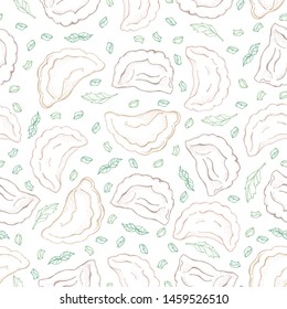 Seamless pattern of dumplings with spice. Ravioli. Vareniki. Pelmeni. Food. Cooking. National dishes. Products from the dough and meat. Sketch hand drawn background. For restaurant menu.