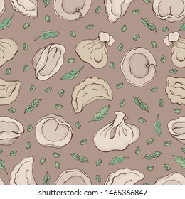 Seamless pattern of dumplings with spice. Ravioli. Vareniki. Pelmeni. Food. Cooking. National dishes. Products from the dough and meat. Cartoon vector on brown background. For restaurant menu.