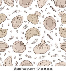 Seamless pattern of dumplings with spice. Ravioli. Vareniki. Pelmeni. Food. Cooking. National dishes. Products from the dough and meat. Cartoon hand drawn background. For restaurant menu.