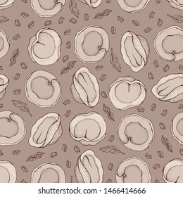 Seamless pattern of dumplings with spice. Ravioli. Vareniki. Pelmeni. Food. Cooking. National dishes. Products from the dough and meat. Cartoon vector on brown background. For restaurant menu.