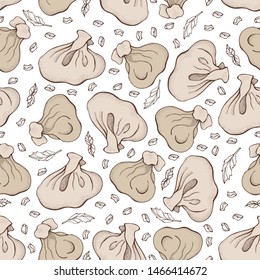 Seamless pattern of dumplings with spice. Ravioli. Vareniki. Pelmeni. Food. Cooking. National dishes. Products from the dough and meat. Cartoon hand drawn background. For restaurant menu.