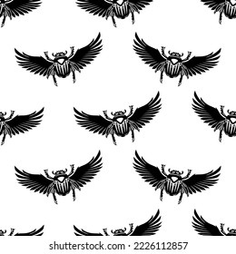 Seamless pattern with dung beetle scarab on white background.