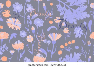 The seamless pattern with duotone blue-orange flower parts is isolated on the blue background. Hand-drawn parts of the marigold, calendula, chamomile, rose fruits, and words above.