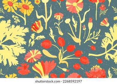 Ein Nahtloses Muster mit duotonischen Blumenteilen ist einzeln auf türkisem Hintergrund. Sandähnliche Textur darüber. Handgezeichnete Teile der Ringelblume, Kalendula, Kamille und Rosenfrüchte.