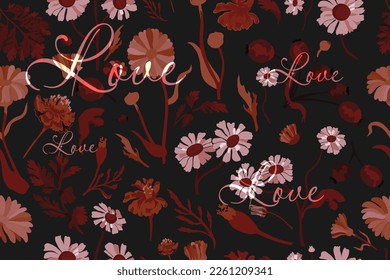 The seamless pattern with duotone pinkish flower parts is isolated on the black background. Hand-drawn parts of the marigold, calendula, chamomile, rose fruits, and words above.