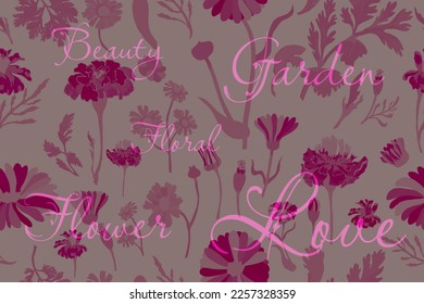 The seamless pattern with duotone red-pink flower parts is isolated on the darker background. Hand-drawn parts of the marigold, calendula, chamomile, rose fruits, and words above.