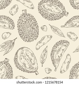Seamless pattern with durian: fruit and leaves. Vector hand drawn illustration.