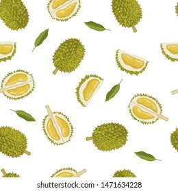 Seamless pattern of durian and leaves on white background.