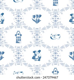 Seamless pattern with Dutch ornaments (Deflt blue style). EPS 10.