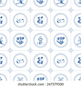 Seamless pattern with Dutch ornaments (Deflt blue style). EPS 10.