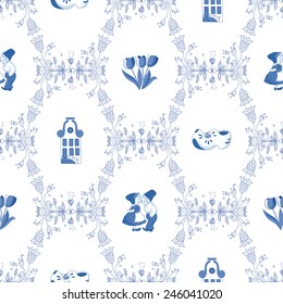 Seamless pattern with Dutch ornaments (Delft blue style). EPS 10.