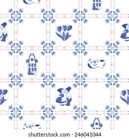 Seamless pattern with Dutch ornaments (Delft blue style). EPS 10.