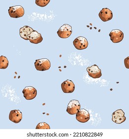 Seamless pattern with Dutch traditional 'oliebollen', deep fried doughnut balls with raisins and powdered sugar, typical Dutch food for new-year