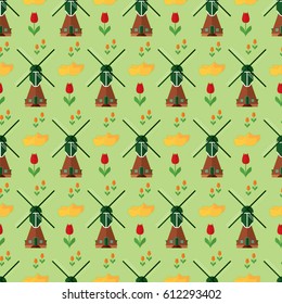 seamless pattern Dutch windmill wooden shoe tulip on green background Holland Netherlands flower vector wallpaper textile