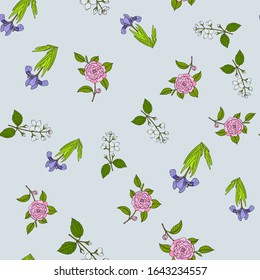 Seamless pattern with Dwarf lake iris, Japanese camellia and Lewis mock-orange. Hand drawn botanical vector illustration