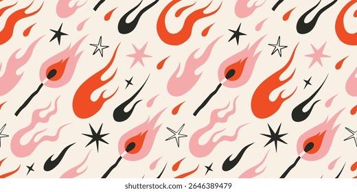 Padrão contínuo com combinação de chama dinâmica, chamas, fogo e estrelas no fundo da luz. Ilustração vetor na moda em y2k estética, vintage, velha escola tatuagem estilo neotribal, mão desenhada