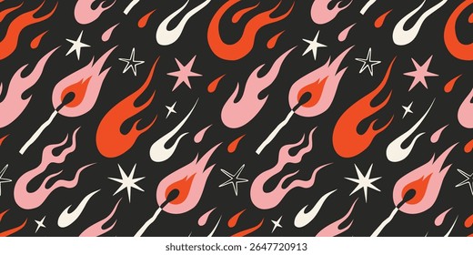 Padrão contínuo com combinação de chama dinâmica, chamas, fogo e estrelas no fundo preto. Ilustração vetor na moda em y2k estética, vintage, velha escola tatuagem estilo neotribal, mão desenhada