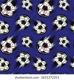 Padrão contínuo com bolas de futebol voadoras dinâmicas no fundo azul elétrico. Design energético para meninos, roupas de criança, roupas esportivas adolescentes, roupas ativas, papel de embrulho, temas de futebol.