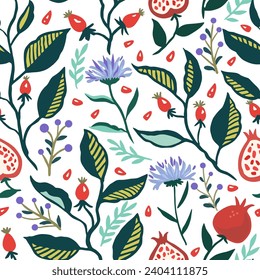 Seamless pattern with dynamic stylizes branches with red berries. Original trendy background for design.