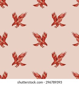 Seamless pattern with eagle fiery phoenix consisting of polygon triangles bright red brown dark burgundy red on a beige background
