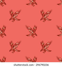 Seamless pattern with eagle fiery phoenix consisting of polygon triangles bright red brown dark red to burgundy red coral background