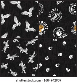Seamless pattern of a eagle, motorcycle, skull and tiger background elements . Four allover vector prints.