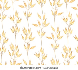 Seamless pattern with ear of oats. Cereal plants, organic products for oatmeal, healthy breakfast, oatmeal packaging design, kitchen textiles. Vector illustration in watercolor style.