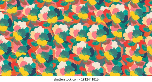 Patrón sin foco de flores de colores tempranos en colores retro. Dibujo vectorial ilustrado a la moda para identidad corporativa, papel, embalaje y fondo de pantalla. Fondo floral minimalista. Formas florales.