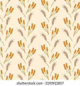 Seamless pattern of ears. Vector pattern with wheat branches, rye, ears. Simple cartoon flat style.