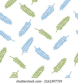 Seamless pattern with ears of wheat on white background.  Vector design for fabric, textile, packaging, website. Flat style vector illustration.