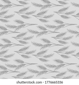 Seamless Pattern with ears of wheat. For printing wrapping paper, packaging, fabric. Hand Drawn vector illustration.