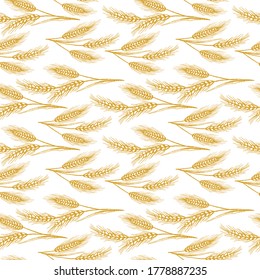 Seamless Pattern with ears of wheat. For printing wrapping paper, packaging, fabric. Hand Drawn vector illustration.