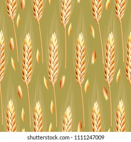 Seamless pattern with ears of wheat. Realistic bakery background. Autumn harvest. Vector background for bakery package, bread products.
