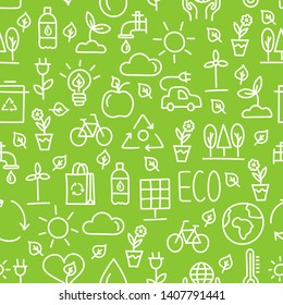 Seamless pattern for Earth Day. Ecology wallpaper illustration of line icons isolated on green background. Nature hand drawn vector texture. 