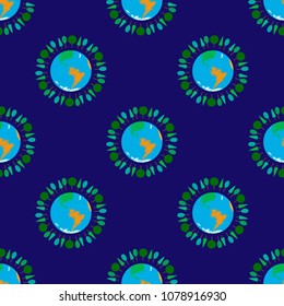 Seamless pattern for Earth Day. The planet Earth is surrounded by trees. Dark blue background.