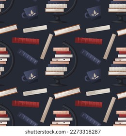 Seamless pattern with earth globe with stack of books, cup of tea. Book heap. Bookstore, bookshop, library, book lover, bibliophile, education. Vector illustration for poster, banner, website.