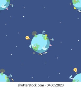 The seamless pattern with the Earth on the blue background