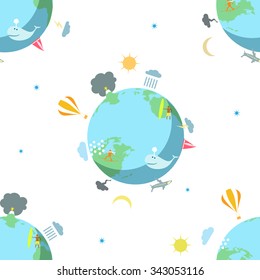 The seamless pattern with the Earth on the whyte background