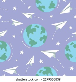 Patrón sin problemas de planetas terrestres y aviones de papel. Ilustración vectorial simple.